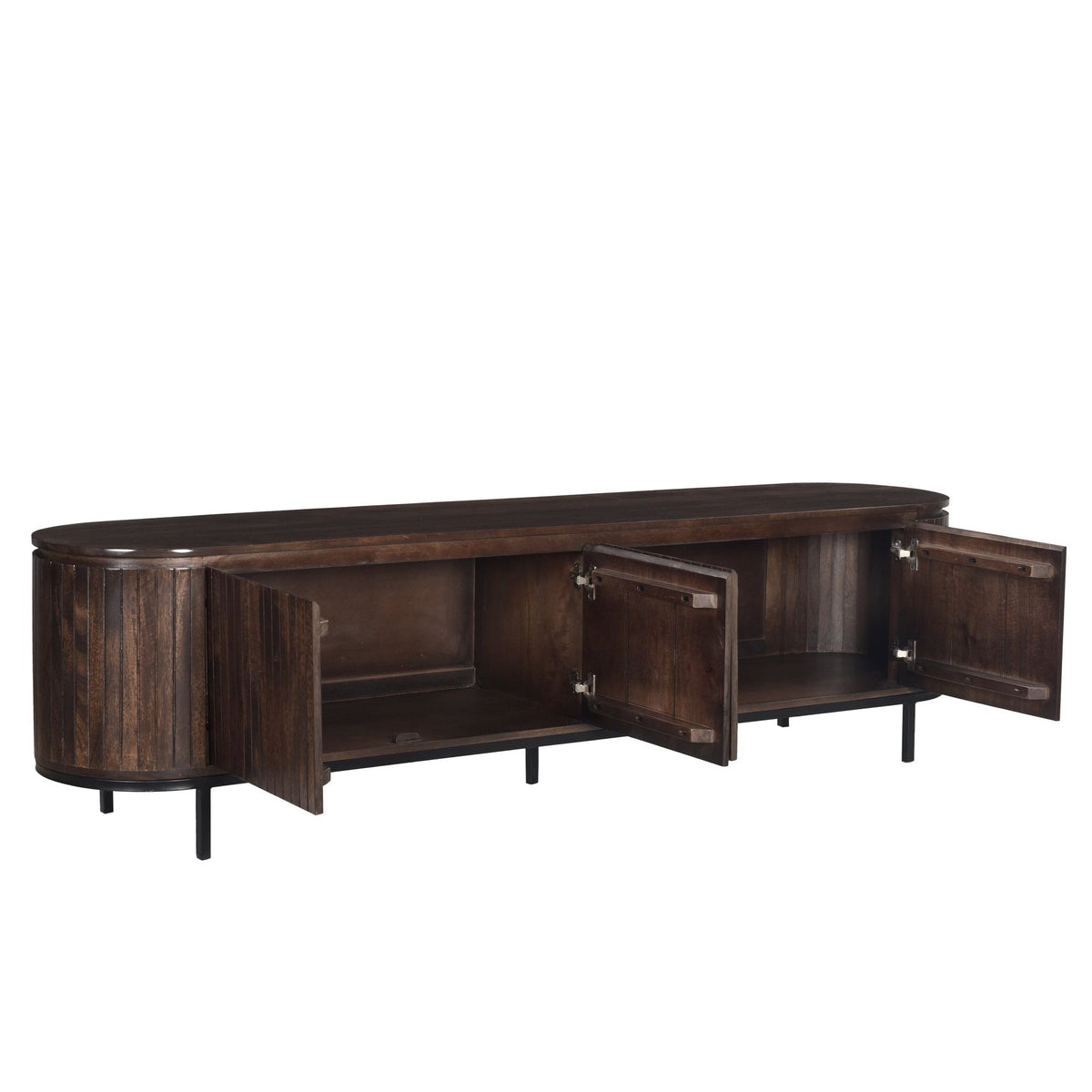Noor tv-meubel in Walnut met geopende deuren en schappen voor mediaspelers