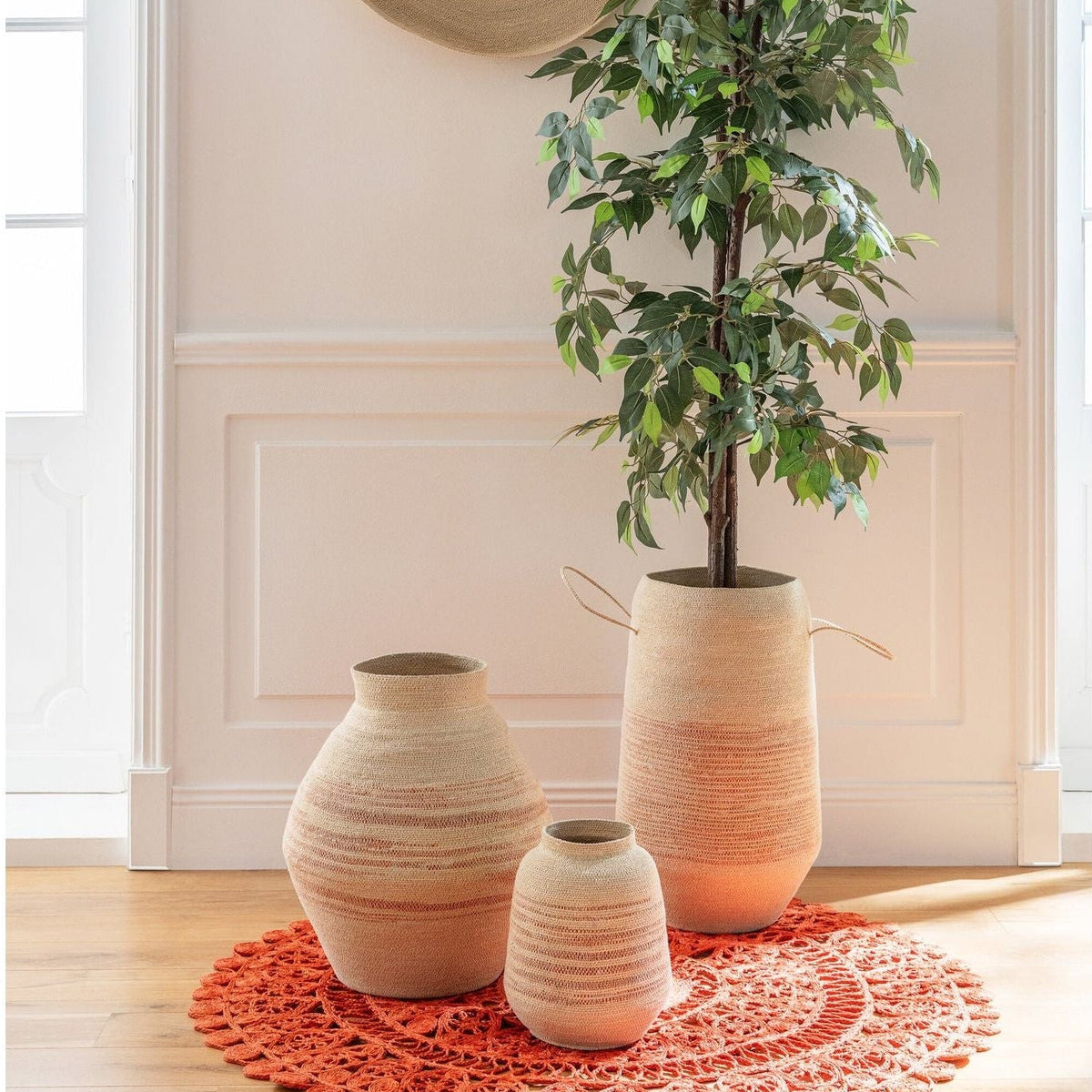 Cesta de hierba marina a rayas natural/naranja oscuro J-Line