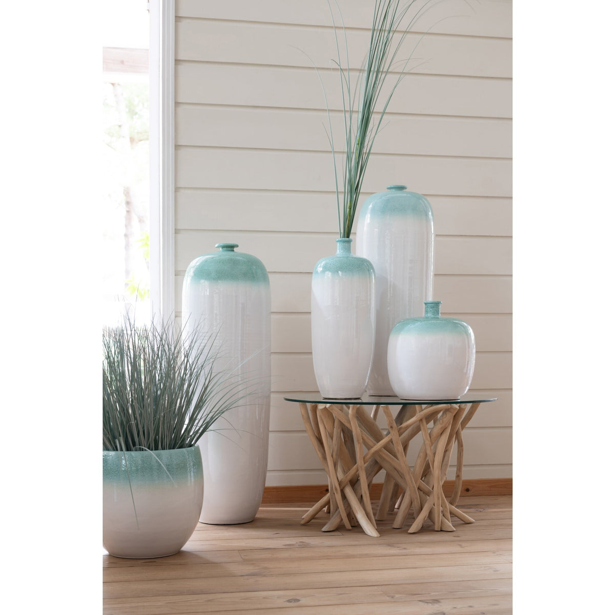 Jarrón de suelo de cerámica verde menta/blanco grande J-Line