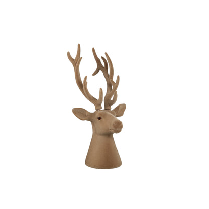 Yule Rendierkop Beige Small van PTMD, rendierkop op voet met groot gewei in beige fluweel op witte achtergrond